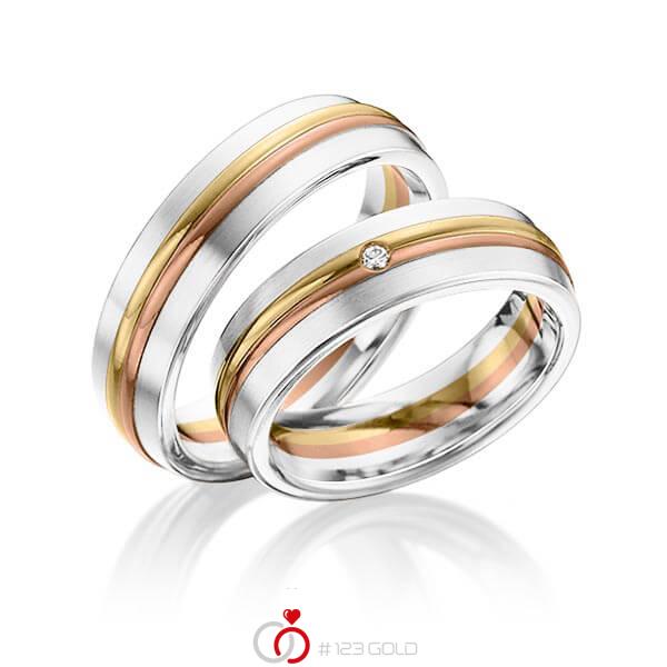 Paar bicolor Trauringe/Eheringe in Weissgold 585 Gelbgold 585 Rotgold 585 mit zus. 0,025 ct. Brillant tw, si von 123gold - Y-1293-6 Paar bicolor Trauringe/Eheringe in Weissgold 585 Gelbgold 585 Rotgold 585 mit zus. 0,025 ct. Brillant tw, si von 123gold - Y-1293-6
