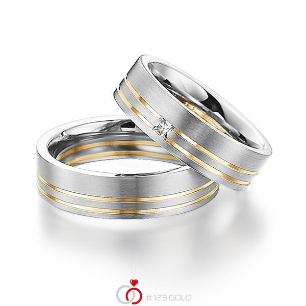 Paar bicolor Trauringe/Eheringe in Weißgold 585 Roségold 585 mit zus. 0,06 ct. Prinzess-Diamant tw, si von Steinberg - Q-1231-6 Paar bicolor Trauringe/Eheringe in Weißgold 585 Roségold 585 mit zus. 0,06 ct. Prinzess-Diamant tw, si von Steinberg - Q-1231-6