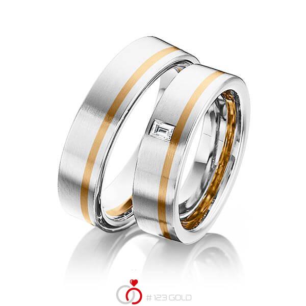 Paar bicolor Trauringe/Eheringe in Weissgold 585 Roségold 585 mit zus. 0,08 ct. Baguette-Diamant tw, vs von 123gold - Y-1300-4 Paar bicolor Trauringe/Eheringe in Weissgold 585 Roségold 585 mit zus. 0,08 ct. Baguette-Diamant tw, vs von 123gold - Y-1300-4