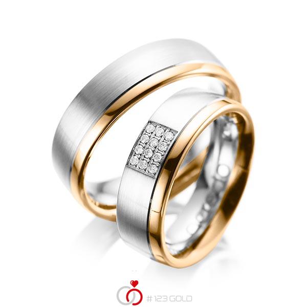 Paar bicolor Trauringe/Eheringe in Weißgold 585 Roségold 585 mit zus. 0,096 ct. Brillant tw, si von acredo - A-1043-4 Paar bicolor Trauringe/Eheringe in Weißgold 585 Roségold 585 mit zus. 0,096 ct. Brillant tw, si von acredo - A-1043-4