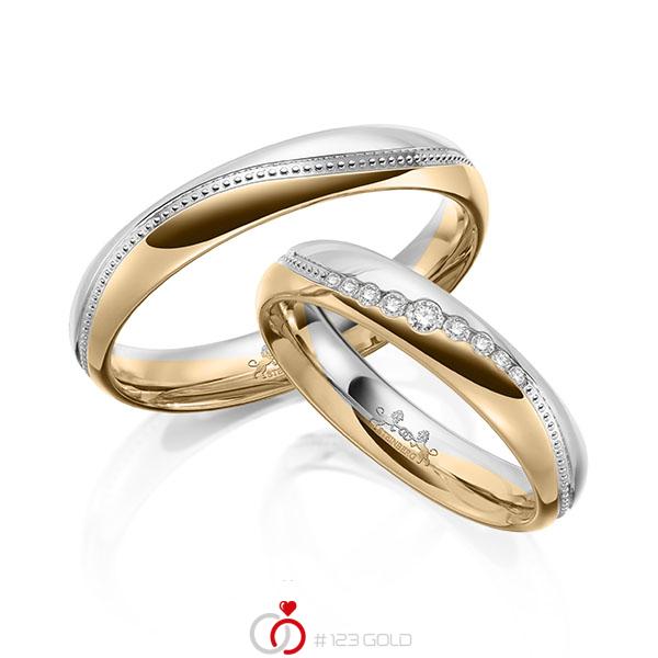 Paar bicolor Trauringe/Eheringe in Weißgold 585 Roségold 585 mit zus. 0,104 ct. Brillant tw, si tw, vs von Steinberg - Q-1651-1 Paar bicolor Trauringe/Eheringe in Weißgold 585 Roségold 585 mit zus. 0,104 ct. Brillant tw, si tw, vs von Steinberg - Q-1651-1
