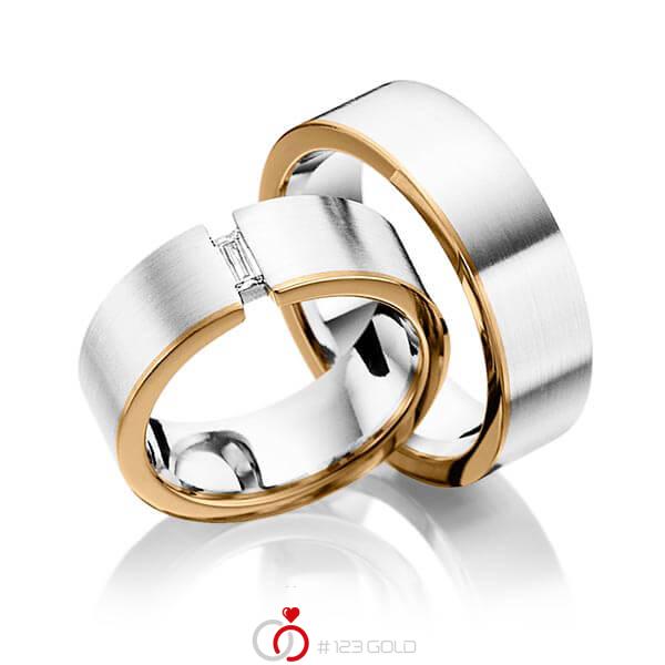 Paar bicolor Trauringe/Eheringe in Weissgold 585 Roségold 585 mit zus. 0,1 ct. Baguette-Diamant tw, vs von 123gold - Y-1264-8 Paar bicolor Trauringe/Eheringe in Weissgold 585 Roségold 585 mit zus. 0,1 ct. Baguette-Diamant tw, vs von 123gold - Y-1264-8