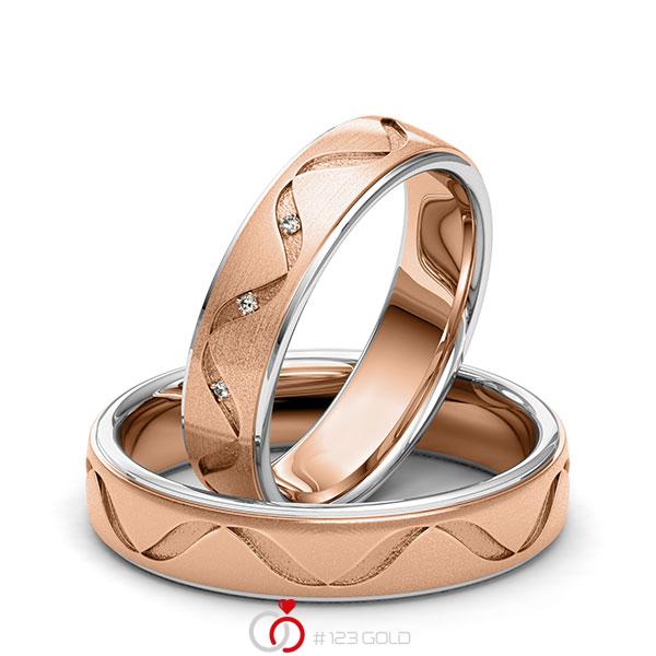 Paar bicolor Trauringe/Eheringe in Weissgold 585 Rotgold 585 Laser Struktur mit zus. 0,015 ct. Brillant tw, si von 123gold - Y-1408-11 Paar bicolor Trauringe/Eheringe in Weissgold 585 Rotgold 585 Laser Struktur mit zus. 0,015 ct. Brillant tw, si von 123gold - Y-1408-11