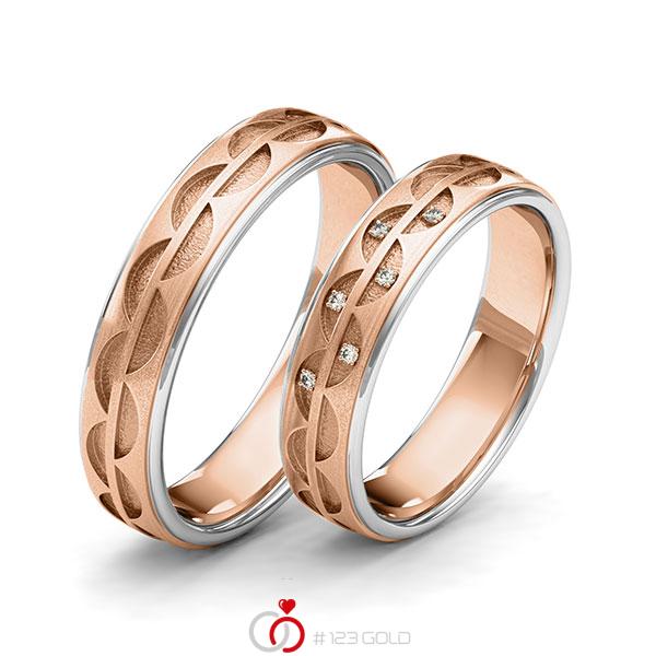 Paar bicolor Trauringe/Eheringe in Weissgold 585 Rotgold 585 Laser Struktur mit zus. 0,03 ct. Brillant tw, si von 123gold - Y-1412-1 Paar bicolor Trauringe/Eheringe in Weissgold 585 Rotgold 585 Laser Struktur mit zus. 0,03 ct. Brillant tw, si von 123gold - Y-1412-1