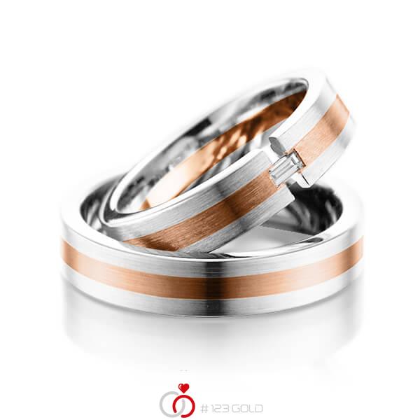 Paar bicolor Trauringe/Eheringe in Weissgold 585 Rotgold 585 mit zus. 0,05 ct. Baguette-Diamant tw, vs von 123gold - Y-1075-16 Paar bicolor Trauringe/Eheringe in Weissgold 585 Rotgold 585 mit zus. 0,05 ct. Baguette-Diamant tw, vs von 123gold - Y-1075-16