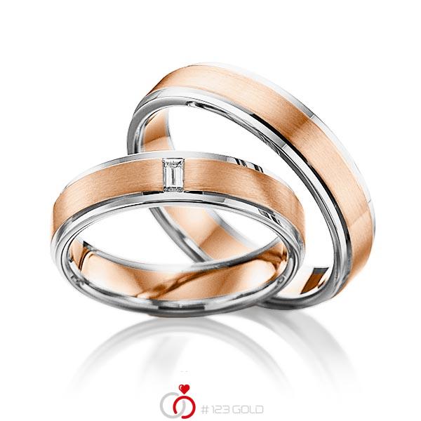 Paar bicolor Trauringe/Eheringe in Weissgold 585 Rotgold 585 mit zus. 0,06 ct. Baguette-Diamant tw, vs von 123gold - Y-1107-16 Paar bicolor Trauringe/Eheringe in Weissgold 585 Rotgold 585 mit zus. 0,06 ct. Baguette-Diamant tw, vs von 123gold - Y-1107-16