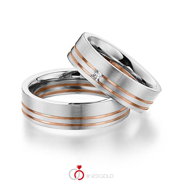 Paar bicolor Trauringe/Eheringe in Weissgold 585 Rotgold 585 mit zus. 0,06 ct. Prinzess-Diamant tw, si von 123gold - Y-1298-4 Paar bicolor Trauringe/Eheringe in Weissgold 585 Rotgold 585 mit zus. 0,06 ct. Prinzess-Diamant tw, si von 123gold - Y-1298-4