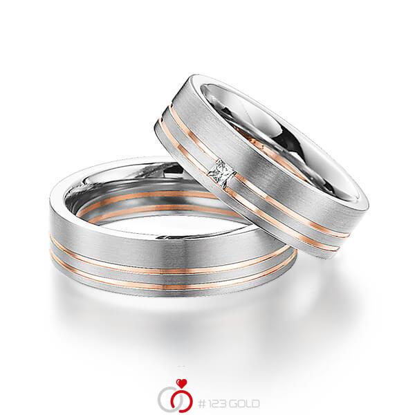 Paar bicolor Trauringe/Eheringe in Weißgold 585 Rotgold 585 mit zus. 0,06 ct. Prinzess-Diamant tw, si von Steinberg - Q-1231-4 Paar bicolor Trauringe/Eheringe in Weißgold 585 Rotgold 585 mit zus. 0,06 ct. Prinzess-Diamant tw, si von Steinberg - Q-1231-4