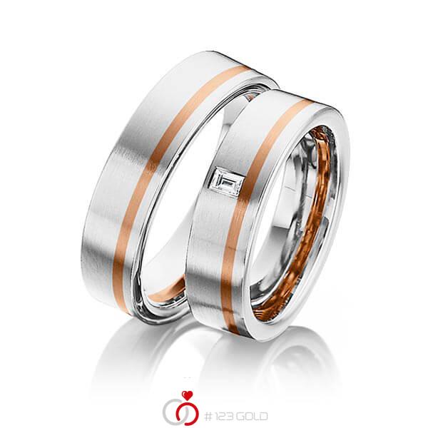 Paar bicolor Trauringe/Eheringe in Weissgold 585 Rotgold 585 mit zus. 0,08 ct. Baguette-Diamant tw, vs von 123gold - Y-1300-6 Paar bicolor Trauringe/Eheringe in Weissgold 585 Rotgold 585 mit zus. 0,08 ct. Baguette-Diamant tw, vs von 123gold - Y-1300-6