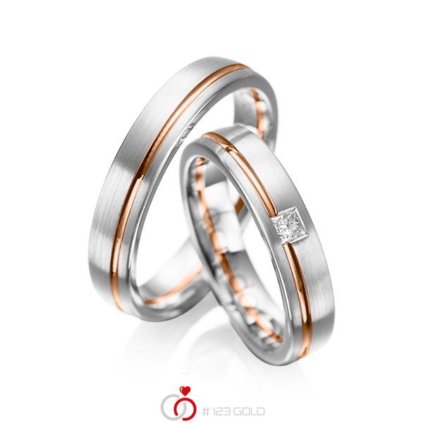 Paar bicolor Trauringe/Eheringe in Weißgold 585 Rotgold 585 mit zus. 0,08 ct. Prinzess-Diamant tw, si von acredo - A-1018-1 Paar bicolor Trauringe/Eheringe in Weißgold 585 Rotgold 585 mit zus. 0,08 ct. Prinzess-Diamant tw, si von acredo - A-1018-1