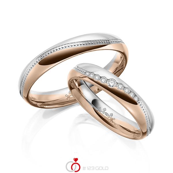 Paar bicolor Trauringe/Eheringe in Weißgold 585 Rotgold 585 mit zus. 0,104 ct. Brillant tw, si tw, vs von Steinberg - Q-1651-3 Paar bicolor Trauringe/Eheringe in Weißgold 585 Rotgold 585 mit zus. 0,104 ct. Brillant tw, si tw, vs von Steinberg - Q-1651-3