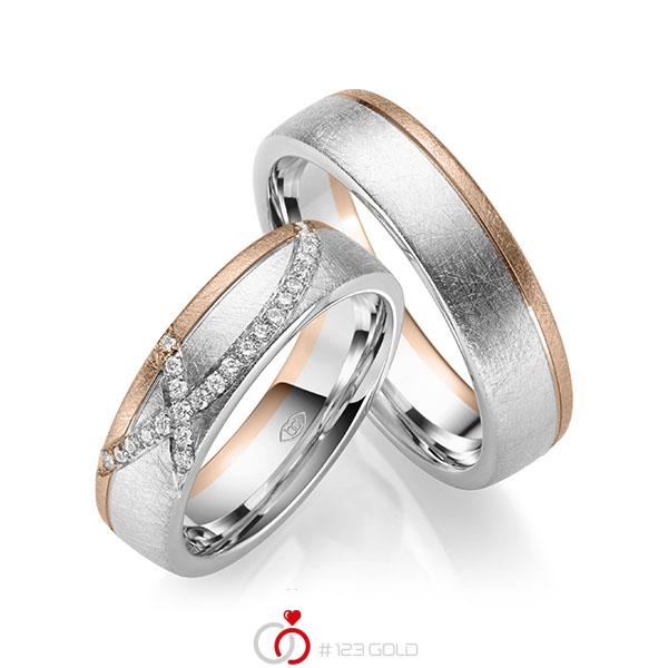 Paar bicolor Trauringe/Eheringe in Weissgold 585 Rotgold 585 mit zus. 0,168 ct. Brillant tw, si - UQ-1050-5 Paar bicolor Trauringe/Eheringe in Weissgold 585 Rotgold 585 mit zus. 0,168 ct. Brillant tw, si - UQ-1050-5