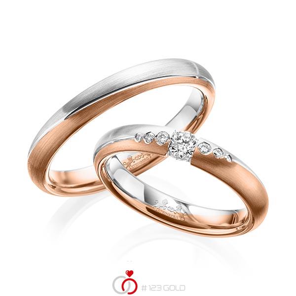 Paar bicolor Trauringe/Eheringe in Weißgold 585 Rotgold 585 mit zus. 0,18 ct. Brillant tw, si von Steinberg - Q-1576-1 Paar bicolor Trauringe/Eheringe in Weißgold 585 Rotgold 585 mit zus. 0,18 ct. Brillant tw, si von Steinberg - Q-1576-1