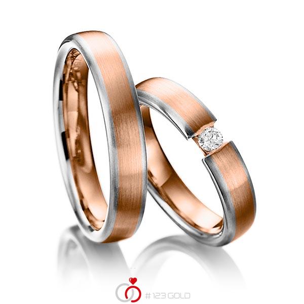 Paar bicolor Trauringe/Eheringe in Weissgold 585 Rotgold 585 mit zus. 0,1 ct. Brillant tw, si von 123gold - Y-1103-16 Paar bicolor Trauringe/Eheringe in Weissgold 585 Rotgold 585 mit zus. 0,1 ct. Brillant tw, si von 123gold - Y-1103-16
