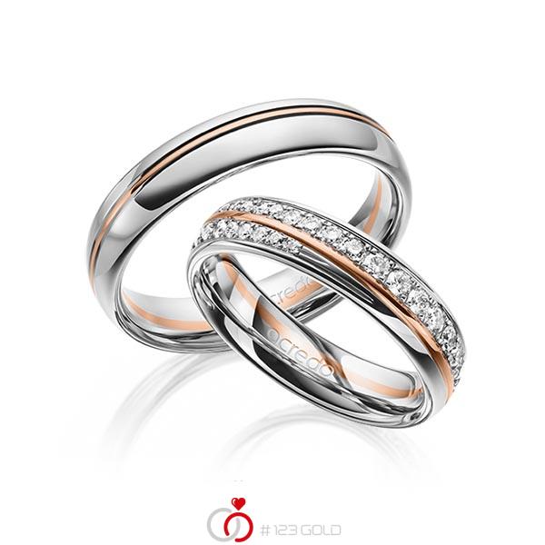 Paar bicolor Trauringe/Eheringe in Weissgold 585 Rotgold 585 mit zus. 0,964 ct. Brillant tw, si von acredo - A-1631-1 Paar bicolor Trauringe/Eheringe in Weissgold 585 Rotgold 585 mit zus. 0,964 ct. Brillant tw, si von acredo - A-1631-1