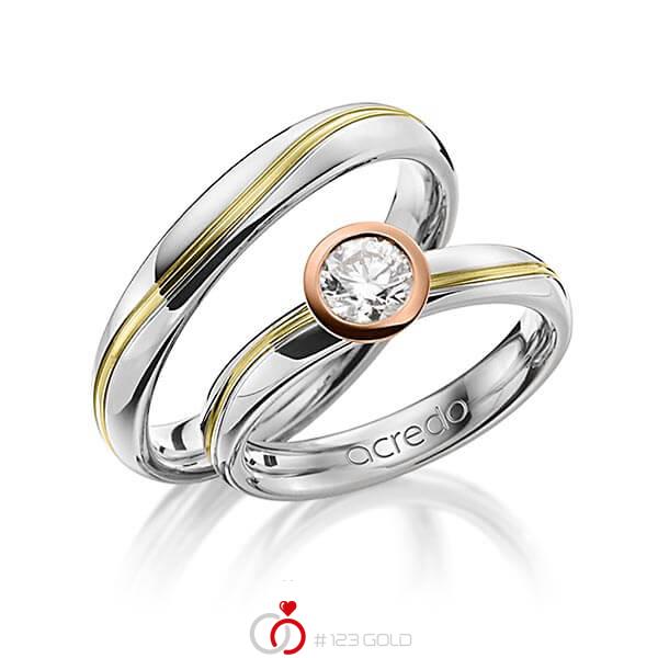Paar bicolor Trauringe/Eheringe in Weißgold 750 Grüngold 750 mit 0,5 ct. Brillant r, if von acredo - A-1256-1 Paar bicolor Trauringe/Eheringe in Weißgold 750 Grüngold 750 mit 0,5 ct. Brillant r, if von acredo - A-1256-1