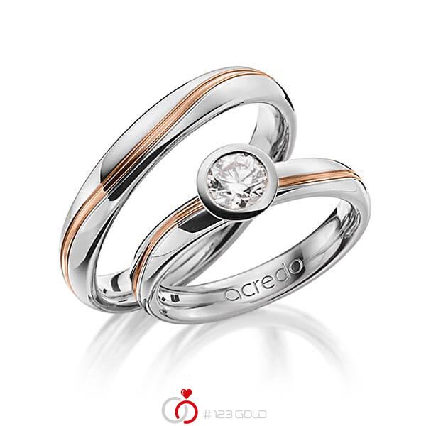 Paar bicolor Trauringe/Eheringe in Weißgold 750 Rotgold 750 mit 0,5 ct. Brillant r, if von acredo - A-1256-2 Paar bicolor Trauringe/Eheringe in Weißgold 750 Rotgold 750 mit 0,5 ct. Brillant r, if von acredo - A-1256-2
