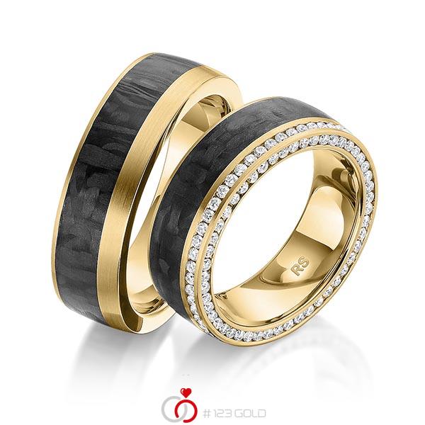 Paar Carbon Memoire-Trauringe/Eheringe in Gelbgold 585 vollausgefasst mit zus. 0,824 ct. Brillant tw, si von acredo - S-1179-3 Paar Carbon Memoire-Trauringe/Eheringe in Gelbgold 585 vollausgefasst mit zus. 0,824 ct. Brillant tw, si von acredo - S-1179-3