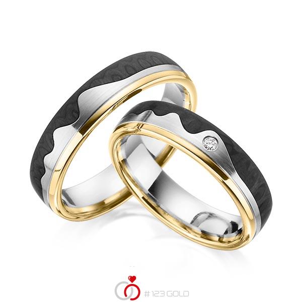 Paar Carbon Trauringe/Eheringe in Gelbgold 585 Edelstahl Carbon-Einzug mit zus. 0,02 ct. Brillant tw, si von 123gold - Y-1347-2 Paar Carbon Trauringe/Eheringe in Gelbgold 585 Edelstahl Carbon-Einzug mit zus. 0,02 ct. Brillant tw, si von 123gold - Y-1347-2