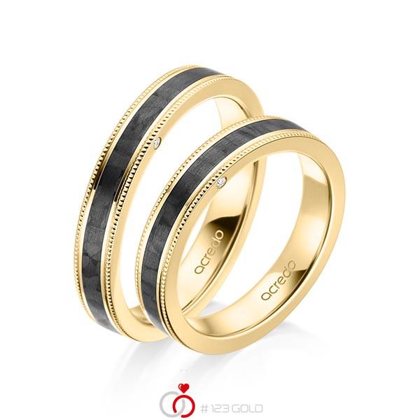 Paar Carbon Trauringe/Eheringe in Gelbgold 585 mit zus. 0,01 ct. Brillant tw, si von acredo - S-1193-2 Paar Carbon Trauringe/Eheringe in Gelbgold 585 mit zus. 0,01 ct. Brillant tw, si von acredo - S-1193-2