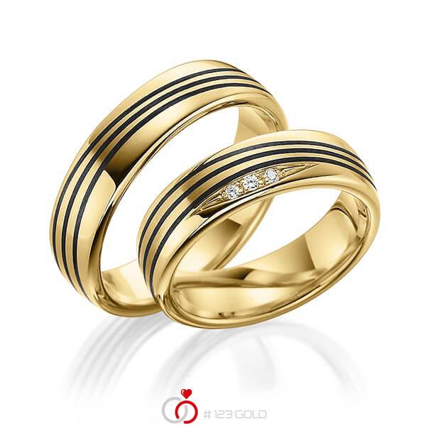 Paar Carbon Trauringe/Eheringe in Gelbgold 585 mit zus. 0,035 ct. Brillant tw, si von 123gold - Y-1362-4 Paar Carbon Trauringe/Eheringe in Gelbgold 585 mit zus. 0,035 ct. Brillant tw, si von 123gold - Y-1362-4