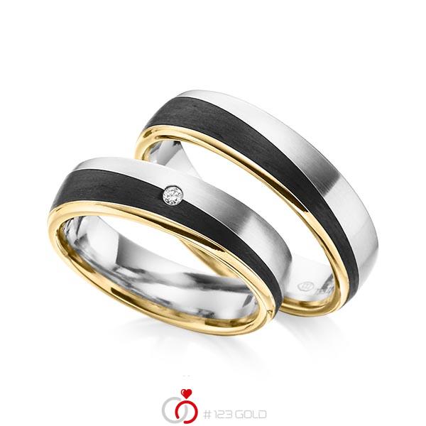 Paar Carbon Trauringe/Eheringe in Gelbgold 585 Weissgold 585 Carbon-Einzug mit zus. 0,02 ct. Brillant tw, si von 123gold - Y-1345-10 Paar Carbon Trauringe/Eheringe in Gelbgold 585 Weissgold 585 Carbon-Einzug mit zus. 0,02 ct. Brillant tw, si von 123gold - Y-1345-10