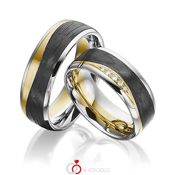Paar Carbon Trauringe/Eheringe in Graugold 585 Gelbgold 585 Gelbgold 585 Carbon-Einzug mit zus. 0,045 ct. Brillant tw, si von 123gold - Y-1350-2 Paar Carbon Trauringe/Eheringe in Graugold 585 Gelbgold 585 Gelbgold 585 Carbon-Einzug mit zus. 0,045 ct. Brillant tw, si von 123gold - Y-1350-2