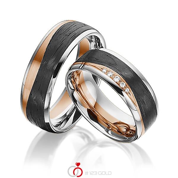 Paar Carbon Trauringe/Eheringe in Graugold 585 Rotgold 585 Rotgold 585 Carbon-Einzug mit zus. 0,045 ct. Brillant tw, si von 123gold - Y-1350-1 Paar Carbon Trauringe/Eheringe in Graugold 585 Rotgold 585 Rotgold 585 Carbon-Einzug mit zus. 0,045 ct. Brillant tw, si von 123gold - Y-1350-1