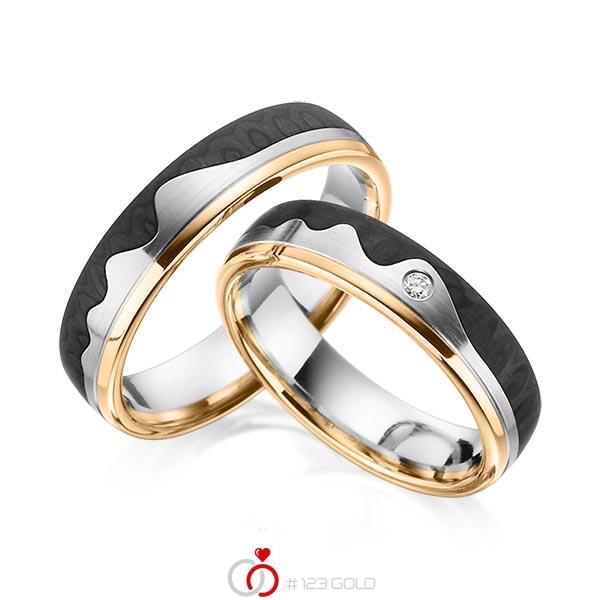 Paar Carbon Trauringe/Eheringe in Roségold 585 Edelstahl Carbon-Einzug mit zus. 0,02 ct. Brillant tw, si von 123gold - Y-1347-3 Paar Carbon Trauringe/Eheringe in Roségold 585 Edelstahl Carbon-Einzug mit zus. 0,02 ct. Brillant tw, si von 123gold - Y-1347-3