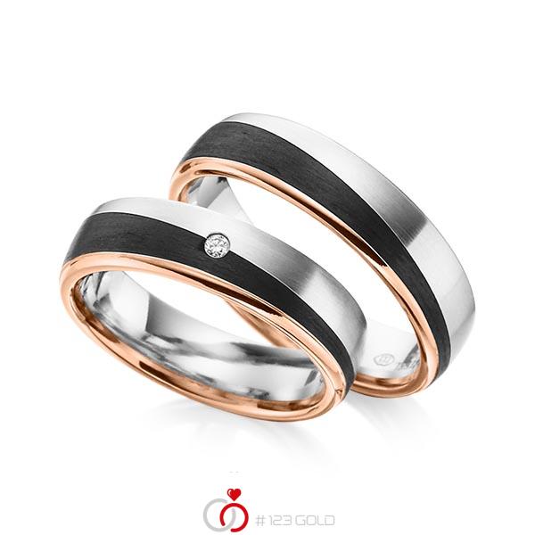 Paar Carbon Trauringe/Eheringe in Rotgold 585 Weissgold 585 Carbon-Einzug mit zus. 0,02 ct. Brillant tw, si von 123gold - Y-1345-11 Paar Carbon Trauringe/Eheringe in Rotgold 585 Weissgold 585 Carbon-Einzug mit zus. 0,02 ct. Brillant tw, si von 123gold - Y-1345-11