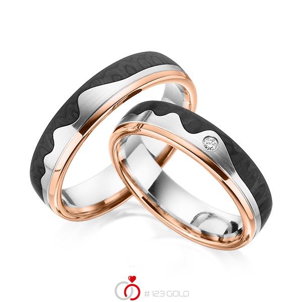 Paar Carbon Trauringe/Eheringe in Rotgold 585 Weissgold 585 Carbon-Einzug mit zus. 0,02 ct. Brillant tw, si von 123gold - Y-1347-9 Paar Carbon Trauringe/Eheringe in Rotgold 585 Weissgold 585 Carbon-Einzug mit zus. 0,02 ct. Brillant tw, si von 123gold - Y-1347-9