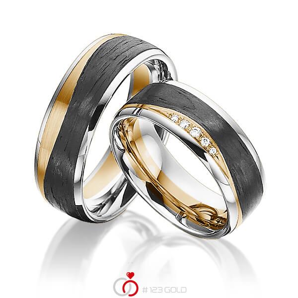 Paar Carbon Trauringe/Eheringe in Weissgold 585 Roségold 585 Roségold 585 Carbon-Einzug mit zus. 0,045 ct. Brillant tw, si von 123gold - Y-1350-6 Paar Carbon Trauringe/Eheringe in Weissgold 585 Roségold 585 Roségold 585 Carbon-Einzug mit zus. 0,045 ct. Brillant tw, si von 123gold - Y-1350-6