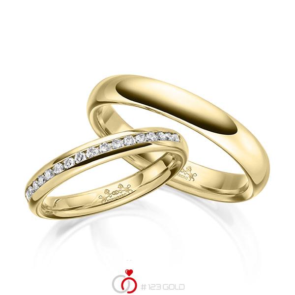 Paar klassische Memoire-Trauringe/Eheringe in außen Gelbgold 585 , innen Gelbgold 585 halbausgefasst mit zus. 0,3 ct. Brillant tw, si von Steinberg - Q-1638-4 Paar klassische Memoire-Trauringe/Eheringe in außen Gelbgold 585 , innen Gelbgold 585 halbausgefasst mit zus. 0,3 ct. Brillant tw, si von Steinberg - Q-1638-4