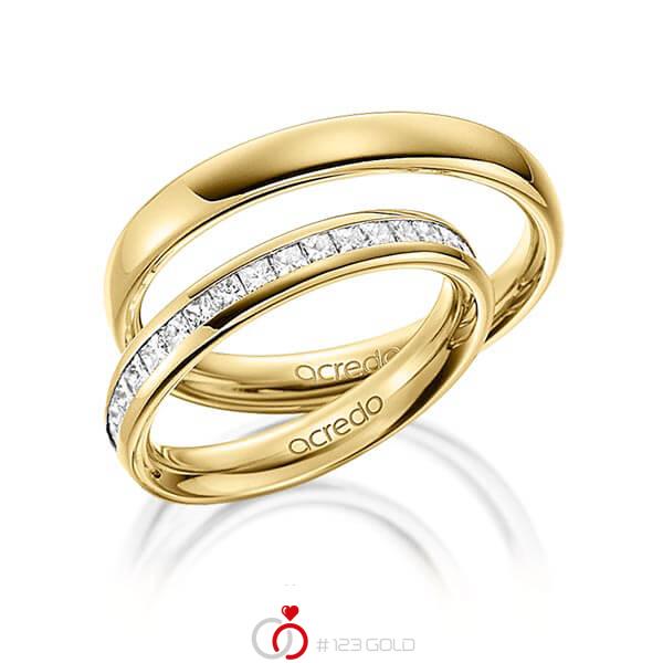 Paar klassische Memoire-Trauringe/Eheringe in aussen Gelbgold 585 , innen Gelbgold 585 halbausgefasst mit zus. 0,57 ct. Prinzess-Diamant tw, si von acredo - A-1531-6 Paar klassische Memoire-Trauringe/Eheringe in aussen Gelbgold 585 , innen Gelbgold 585 halbausgefasst mit zus. 0,57 ct. Prinzess-Diamant tw, si von acredo - A-1531-6