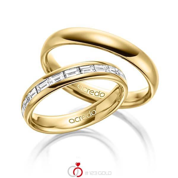 Paar klassische Memoire-Trauringe/Eheringe in aussen Gelbgold 585 , innen Gelbgold 585 halbausgefasst mit zus. 0,8 ct. Baguette-Diamant tw, vs von acredo - A-1530-6 Paar klassische Memoire-Trauringe/Eheringe in aussen Gelbgold 585 , innen Gelbgold 585 halbausgefasst mit zus. 0,8 ct. Baguette-Diamant tw, vs von acredo - A-1530-6