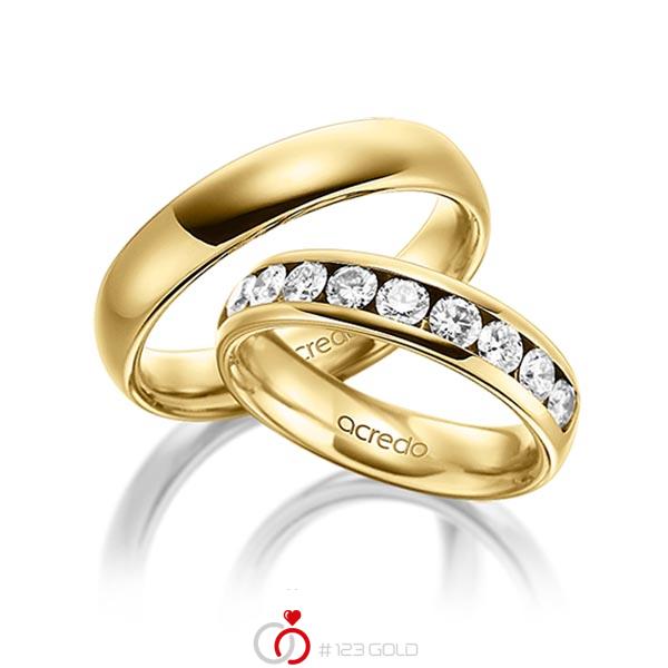Paar klassische Memoire-Trauringe/Eheringe in aussen Gelbgold 585 , innen Gelbgold 585 halbausgefasst mit zus. 1,1 ct. Brillant tw, si von acredo - A-1534-6 Paar klassische Memoire-Trauringe/Eheringe in aussen Gelbgold 585 , innen Gelbgold 585 halbausgefasst mit zus. 1,1 ct. Brillant tw, si von acredo - A-1534-6