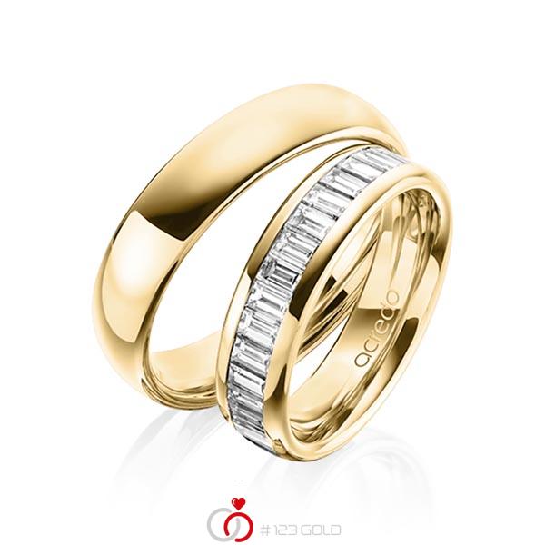 Paar klassische Memoire-Trauringe/Eheringe in aussen Gelbgold 585 , innen Gelbgold 585 halbausgefasst mit zus. 1,36 ct. Baguette-Diamant tw, vs von acredo - A-1497-5 Paar klassische Memoire-Trauringe/Eheringe in aussen Gelbgold 585 , innen Gelbgold 585 halbausgefasst mit zus. 1,36 ct. Baguette-Diamant tw, vs von acredo - A-1497-5