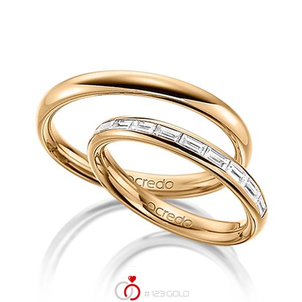 Paar klassische Memoire-Trauringe/Eheringe in aussen Roségold 585 , innen Roségold 585 halbausgefasst mit zus. 0,5 ct. Baguette-Diamant tw, vs von acredo - A-1532-7 Paar klassische Memoire-Trauringe/Eheringe in aussen Roségold 585 , innen Roségold 585 halbausgefasst mit zus. 0,5 ct. Baguette-Diamant tw, vs von acredo - A-1532-7