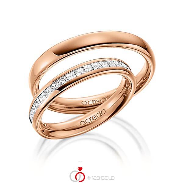 Paar klassische Memoire-Trauringe/Eheringe in aussen Rotgold 585 , innen Rotgold 585 halbausgefasst mit zus. 0,57 ct. Prinzess-Diamant tw, si von acredo - A-1531-5 Paar klassische Memoire-Trauringe/Eheringe in aussen Rotgold 585 , innen Rotgold 585 halbausgefasst mit zus. 0,57 ct. Prinzess-Diamant tw, si von acredo - A-1531-5