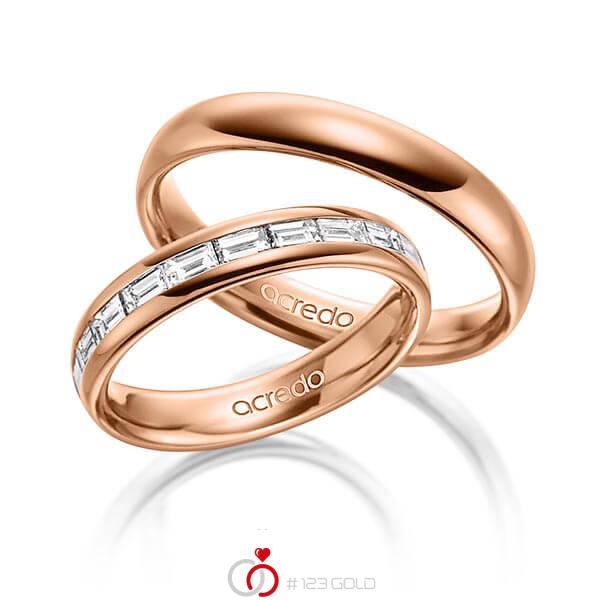 Paar klassische Memoire-Trauringe/Eheringe in aussen Rotgold 585 , innen Rotgold 585 halbausgefasst mit zus. 0,8 ct. Baguette-Diamant tw, vs von acredo - A-1530-5 Paar klassische Memoire-Trauringe/Eheringe in aussen Rotgold 585 , innen Rotgold 585 halbausgefasst mit zus. 0,8 ct. Baguette-Diamant tw, vs von acredo - A-1530-5