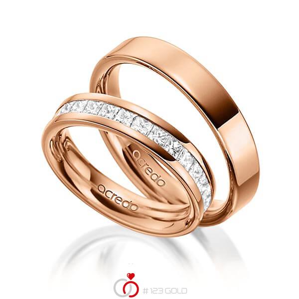 Paar klassische Memoire-Trauringe/Eheringe in aussen Rotgold 585 , innen Rotgold 585 halbausgefasst mit zus. 1,05 ct. Prinzess-Diamant tw, si von acredo - A-1533-5 Paar klassische Memoire-Trauringe/Eheringe in aussen Rotgold 585 , innen Rotgold 585 halbausgefasst mit zus. 1,05 ct. Prinzess-Diamant tw, si von acredo - A-1533-5