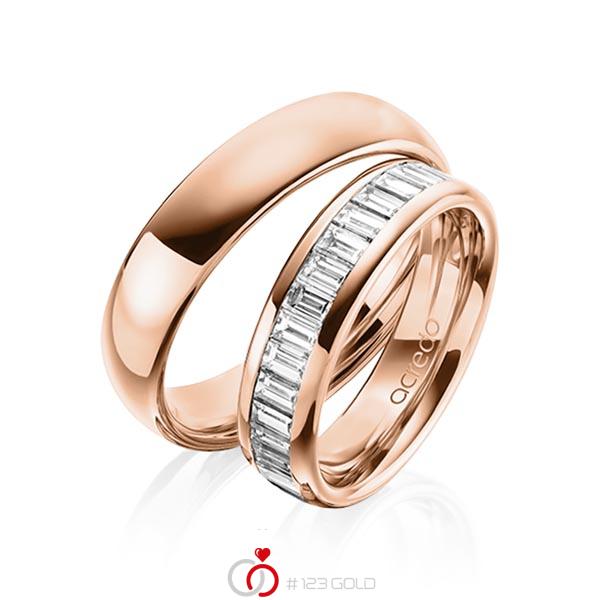 Paar klassische Memoire-Trauringe/Eheringe in aussen Rotgold 585 , innen Rotgold 585 halbausgefasst mit zus. 1,36 ct. Baguette-Diamant tw, vs von acredo - A-1497-4 Paar klassische Memoire-Trauringe/Eheringe in aussen Rotgold 585 , innen Rotgold 585 halbausgefasst mit zus. 1,36 ct. Baguette-Diamant tw, vs von acredo - A-1497-4