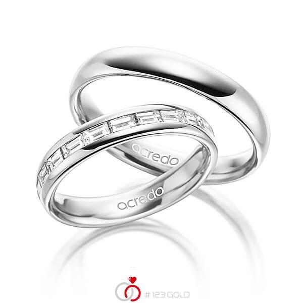 Paar klassische Memoire-Trauringe/Eheringe in aussen Weissgold 585 , innen Weissgold 585 halbausgefasst mit zus. 0,8 ct. Baguette-Diamant tw, vs von acredo - A-1530-4 Paar klassische Memoire-Trauringe/Eheringe in aussen Weissgold 585 , innen Weissgold 585 halbausgefasst mit zus. 0,8 ct. Baguette-Diamant tw, vs von acredo - A-1530-4