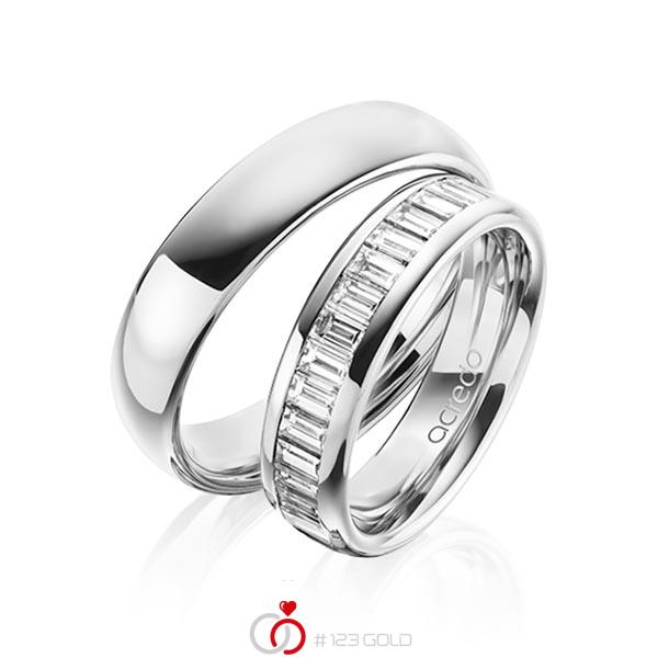Paar klassische Memoire-Trauringe/Eheringe in aussen Weissgold 585 , innen Weissgold 585 halbausgefasst mit zus. 1,36 ct. Baguette-Diamant tw, vs von acredo - A-1497-6 Paar klassische Memoire-Trauringe/Eheringe in aussen Weissgold 585 , innen Weissgold 585 halbausgefasst mit zus. 1,36 ct. Baguette-Diamant tw, vs von acredo - A-1497-6