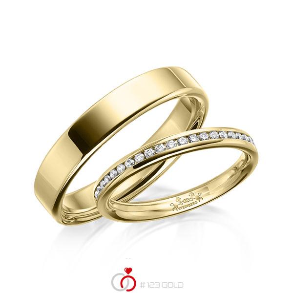 Paar klassische Memoire-Trauringe/Eheringe in Gelbgold 585 halbausgefasst mit zus. 0,14 ct. Brillant tw, si von Steinberg - Q-1632-1 Paar klassische Memoire-Trauringe/Eheringe in Gelbgold 585 halbausgefasst mit zus. 0,14 ct. Brillant tw, si von Steinberg - Q-1632-1