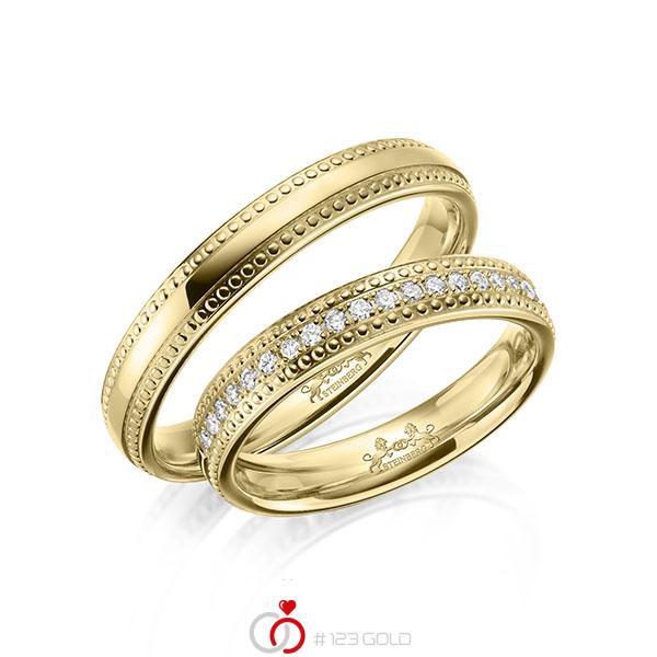 Paar klassische Memoire-Trauringe/Eheringe in Gelbgold 585 halbausgefasst mit zus. 0,21 ct. Brillant tw, si von Steinberg - Q-1639-5 Paar klassische Memoire-Trauringe/Eheringe in Gelbgold 585 halbausgefasst mit zus. 0,21 ct. Brillant tw, si von Steinberg - Q-1639-5