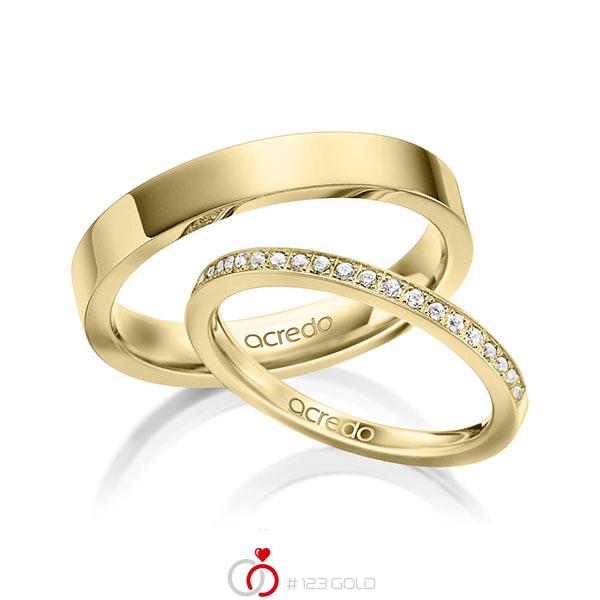 Paar klassische Memoire-Trauringe/Eheringe in Gelbgold 585 halbausgefasst mit zus. 0,22 ct. Brillant tw, si von acredo - A-1597-2 Paar klassische Memoire-Trauringe/Eheringe in Gelbgold 585 halbausgefasst mit zus. 0,22 ct. Brillant tw, si von acredo - A-1597-2