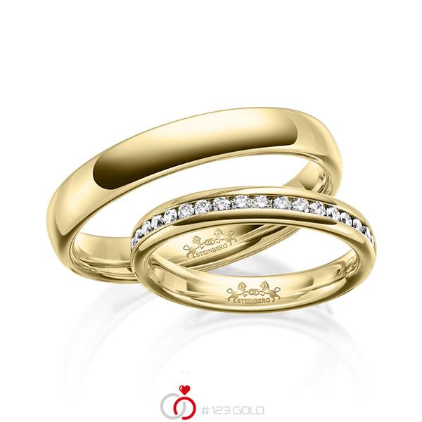 Paar klassische Memoire-Trauringe/Eheringe in Gelbgold 585 halbausgefasst mit zus. 0,3 ct. Brillant tw, si von Steinberg - Q-1622-1 Paar klassische Memoire-Trauringe/Eheringe in Gelbgold 585 halbausgefasst mit zus. 0,3 ct. Brillant tw, si von Steinberg - Q-1622-1
