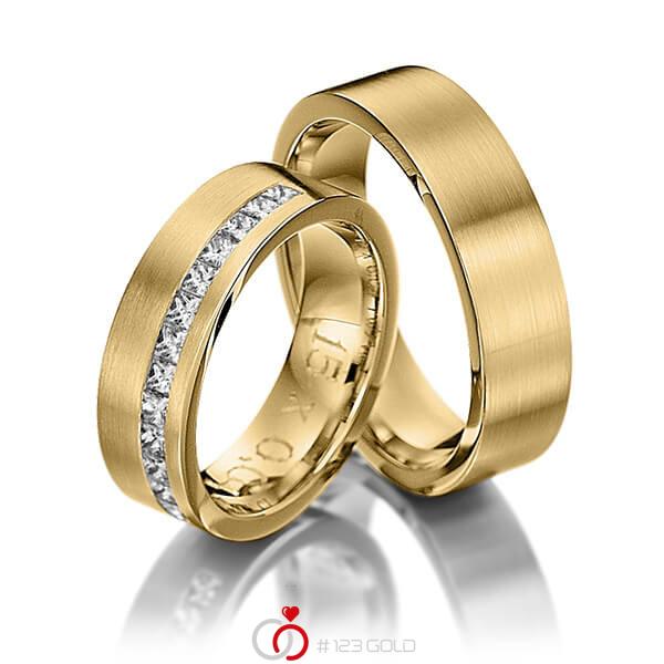 Paar klassische Memoire-Trauringe/Eheringe in Gelbgold 585 halbausgefasst mit zus. 0,68 ct. Prinzess-Diamant tw, si von Steinberg - Q-1220-4 Paar klassische Memoire-Trauringe/Eheringe in Gelbgold 585 halbausgefasst mit zus. 0,68 ct. Prinzess-Diamant tw, si von Steinberg - Q-1220-4