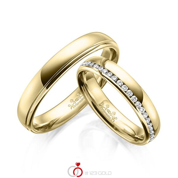 Paar klassische Memoire-Trauringe/Eheringe in Gelbgold 585 vollausgefasst mit zus. 0,45 ct. Brillant tw, si von Steinberg - Q-1629-4 Paar klassische Memoire-Trauringe/Eheringe in Gelbgold 585 vollausgefasst mit zus. 0,45 ct. Brillant tw, si von Steinberg - Q-1629-4